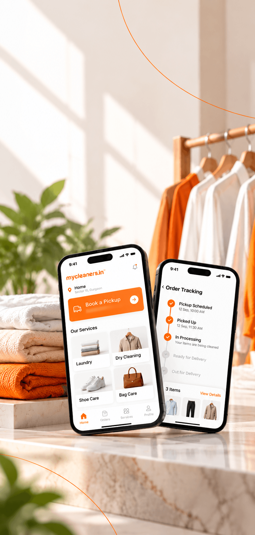 Mycleaners Mobile App screens showing pickup booking and order tracking